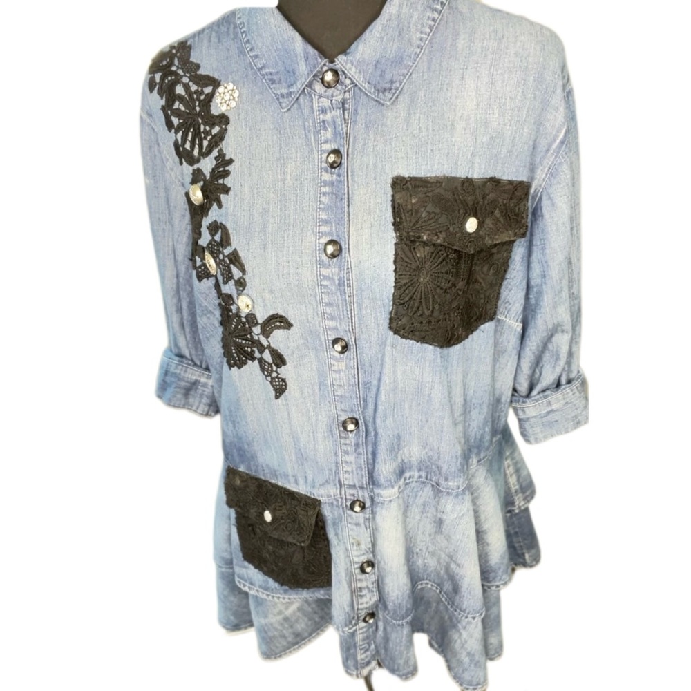 Ashley Stewart Custom Up Cycled denim top Embellish black lace 2 pockets hi low